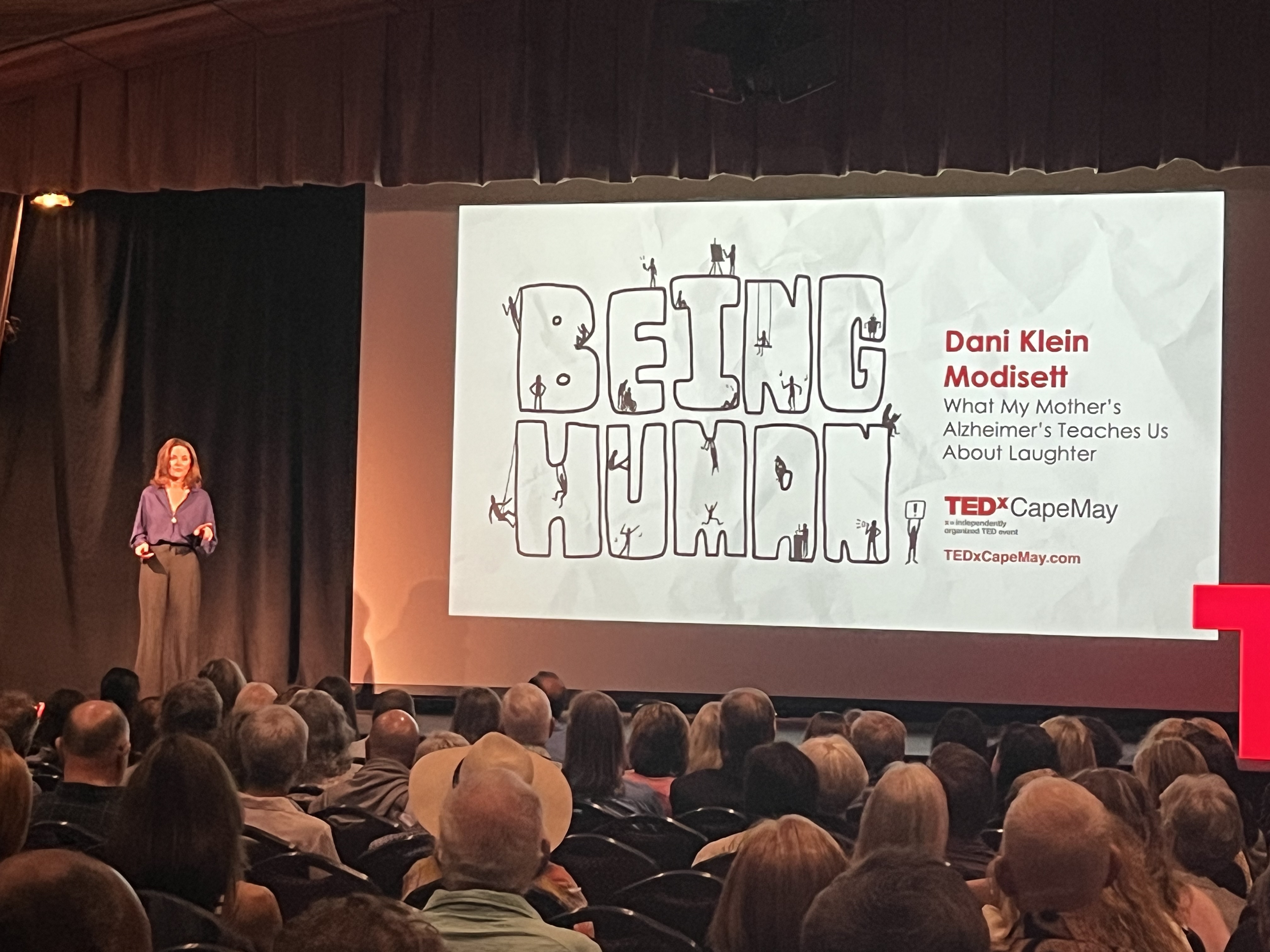 Dani Klein Modisett speaking at TEDxCapeMay about laughter and her mother's Alzheimer's